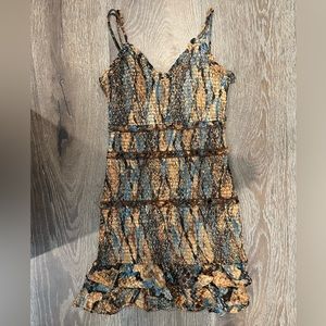 “Olivaceous” Snake print, stretchy, ruched, & ruffled mini dress Size:S